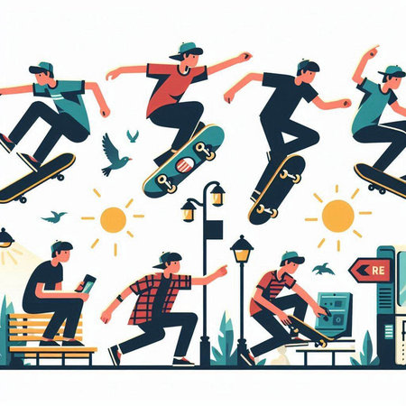 Skateboarders in the park. Vector illustration in flat styleのイラスト素材