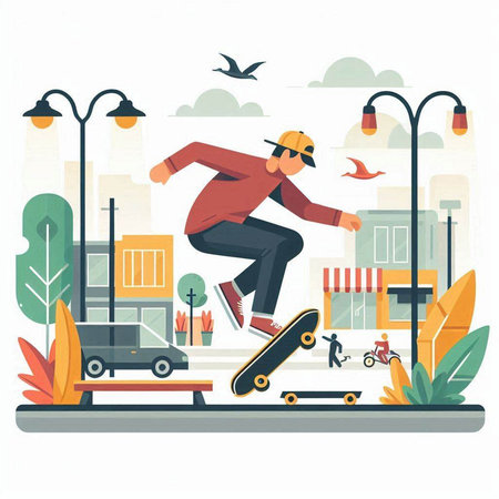 Skateboarder riding on skateboard on city street. Vector illustrationのイラスト素材