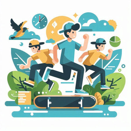 Young people jumping on a skateboard. Vector illustration in flat styleのイラスト素材