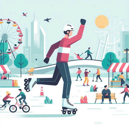 Vector illustration of roller skater riding on skateboard in the cityのイラスト素材