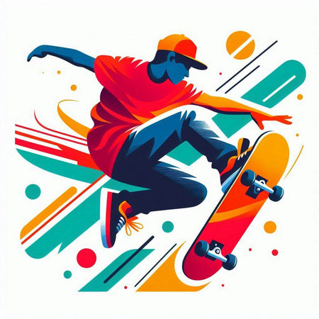 Vector illustration of a skateboarder on a colorful background with abstract shapesのイラスト素材