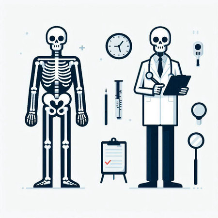 Vector illustration of a skeleton doctor with a clipboard and a stethoscope.のイラスト素材