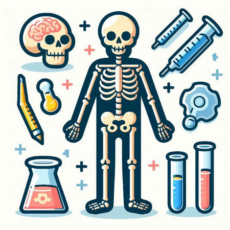 Human skeleton with medical icons. Vector illustration of a human skeleton.のイラスト素材