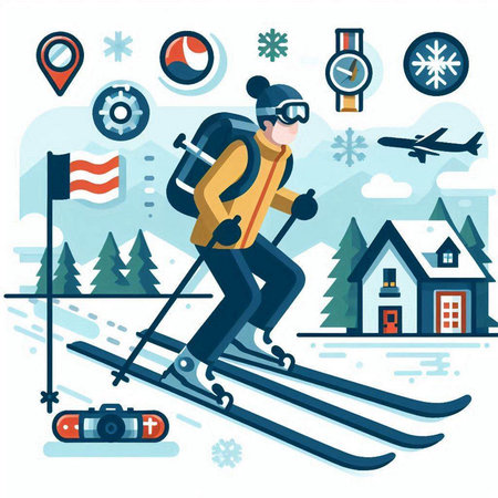 Ski resort flat vector illustration. Skiing, skiing, snowboarding, cross-country skiing.のイラスト素材