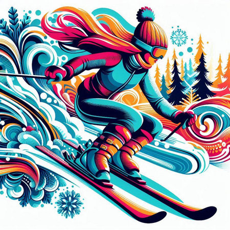 Vector illustration of a female skier skiing downhill in the mountains.のイラスト素材