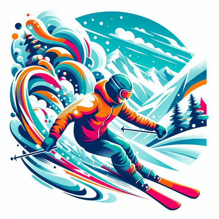 Vector illustration of skier skiing in the mountains. Colorful background.のイラスト素材
