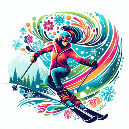 Girl skiing in the mountains. Colorful vector illustration for your designのイラスト素材