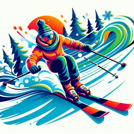 Vector illustration of skier skiing in the mountains. Winter sport.のイラスト素材