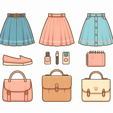 Set of women's clothing and accessories. Vector illustration on white background.のイラスト素材