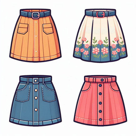 Set of women's skirts with floral pattern. Hand drawn vector illustration.のイラスト素材