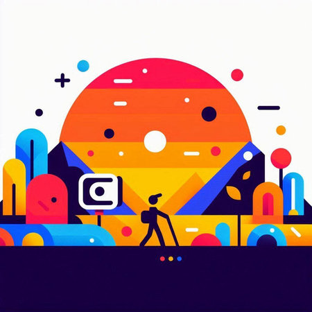 Vector illustration of abstract background with people and geometric shapes. Flat design style.のイラスト素材