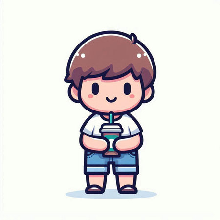 Cute little boy holding a bottle of water. Vector cartoon character illustration.のイラスト素材