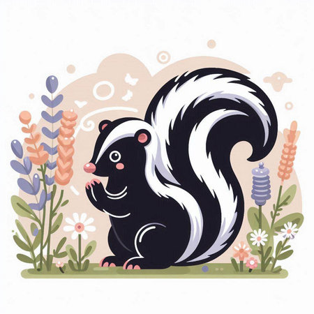 Vector illustration of a cute skunk with flowers in the background.のイラスト素材