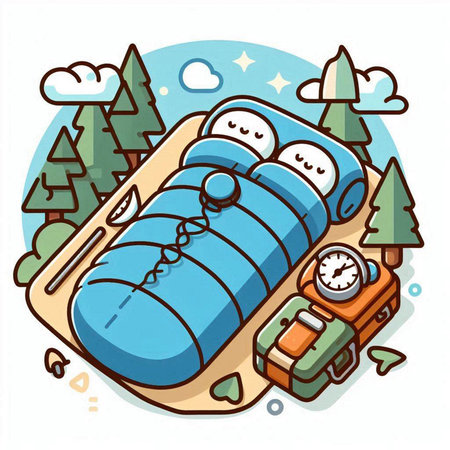 Vector illustration of a sleeping bag in the forest. The concept of tourism and camping.のイラスト素材