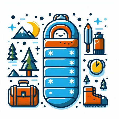 Winter camping flat line icons set. Vector illustration for web and mobile designのイラスト素材