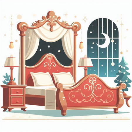 Vector illustration of a bedroom with a bed, a lamp and a Christmas treeのイラスト素材