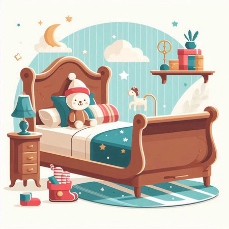 Vector illustration of a children's room with a bed, a toy bear, a lamp and a pillow.のイラスト素材