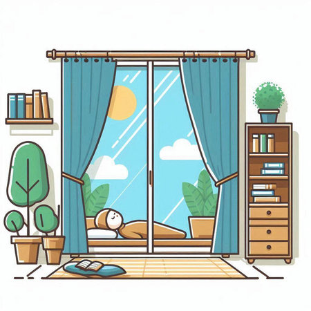 Vector illustration of a room with a window and a bookcase.のイラスト素材
