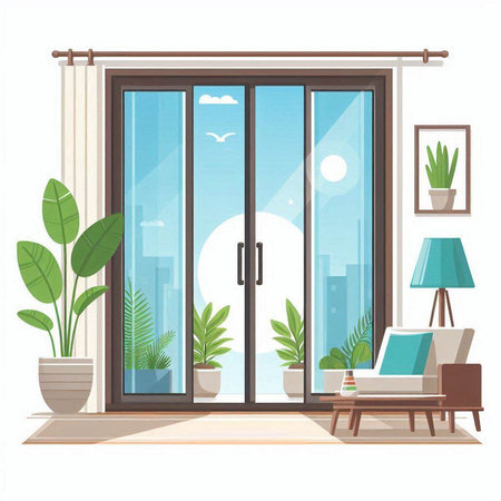 Modern living room with window, sofa and plants. Vector illustration.のイラスト素材