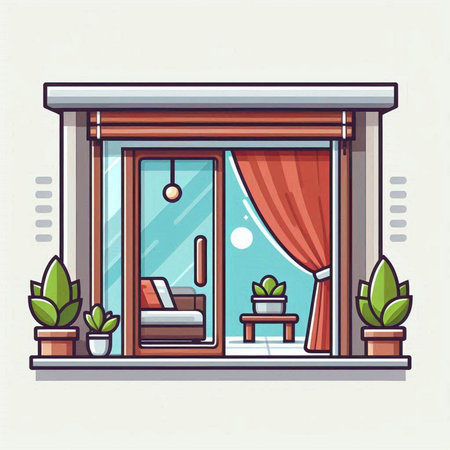 Window with curtains and plants. Vector illustration in flat cartoon style.のイラスト素材