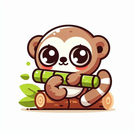 Cute cartoon baby sloth with bamboo stick. Vector illustration.のイラスト素材
