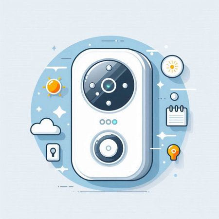 Smart speaker on the background of a blue circle. Vector illustration.のイラスト素材