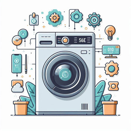 Laundry service concept. Washing machine with icons. Vector illustrationのイラスト素材
