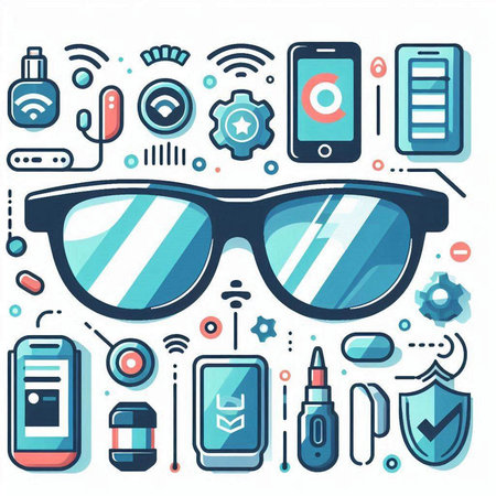 Vector illustration of glasses with smartphone, tablet, smart watch and headphones.のイラスト素材