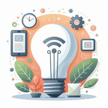 Flat design modern vector illustration concept of creative idea with light bulb, smart phone, clock, gear and plant.のイラスト素材