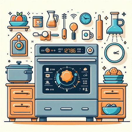 Kitchen equipment and household appliances. Colorful flat vector illustration.のイラスト素材