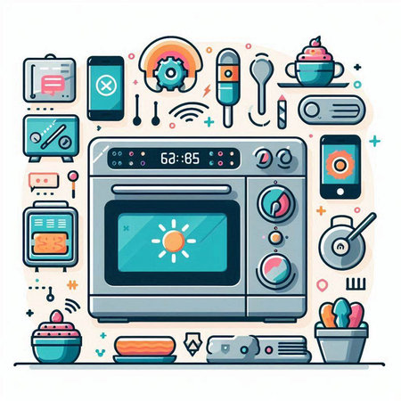 Modern flat line design vector illustration of household appliances and electronics icons.のイラスト素材