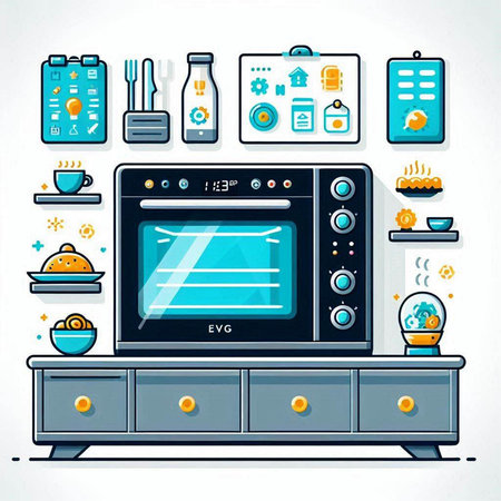 Kitchen furniture and appliances. Vector illustration in flat cartoon style.のイラスト素材