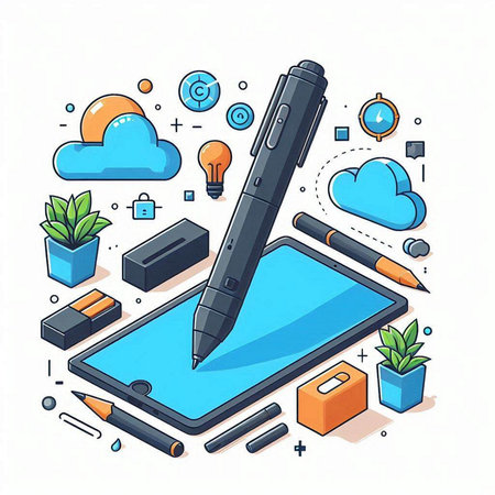 Vector isometric illustration of digital tablet with stylus pen, smart phone and cloud computing.のイラスト素材