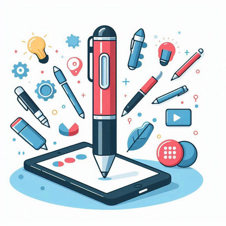 Vector illustration of a stylus pen and tablet with social media iconsのイラスト素材