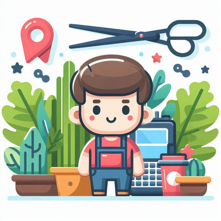 Cute cartoon boy with gardening tools. Vector illustration in a flat style.のイラスト素材