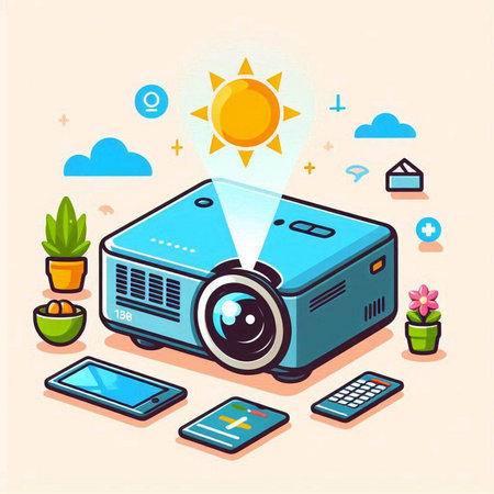 Projector with sun and mobile phone. Vector illustration in flat styleのイラスト素材