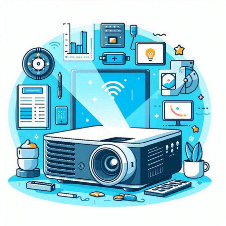 Projector and graphic design elements on blue background. Vector illustration.のイラスト素材