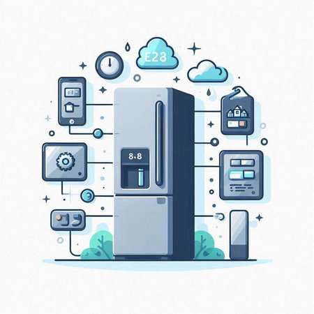 Smart fridge. Vector illustration in flat cartoon style. Isolated on white background.のイラスト素材
