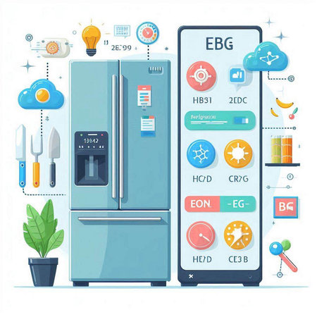 Refrigerator and mobile phone with different icons, vector illustration.のイラスト素材