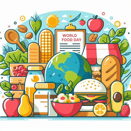World food day concept. Vector illustration in flat cartoon style. World food day.のイラスト素材