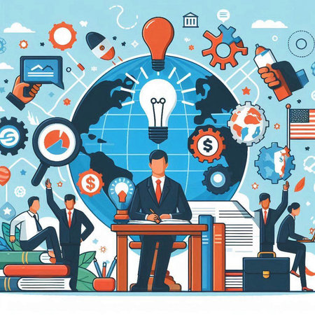 Business concept. Flat design vector illustration. Businessman sitting at desk in office.のイラスト素材