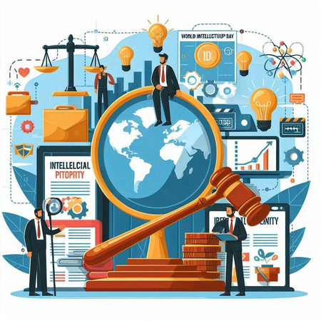 Flat design vector illustration concept of law and justice. Lawyer, attorney, jurist, judge, lawyer, attorney, businessman, business people with magnifying glass and world map.のイラスト素材