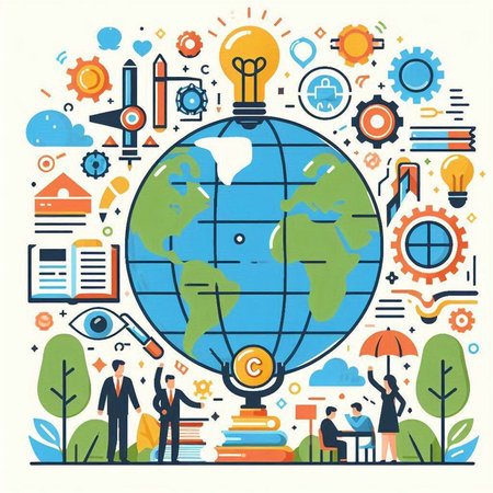 Global business and education concept. Vector illustration in flat line style.のイラスト素材