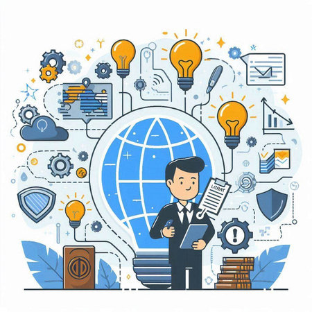 Businessman with a tablet on the background of business icons. Vector illustrationのイラスト素材