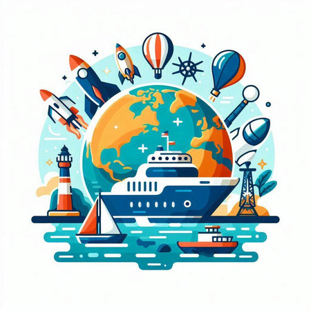 Cruise ship, ship, ship, lighthouse and globe. Vector illustrationのイラスト素材