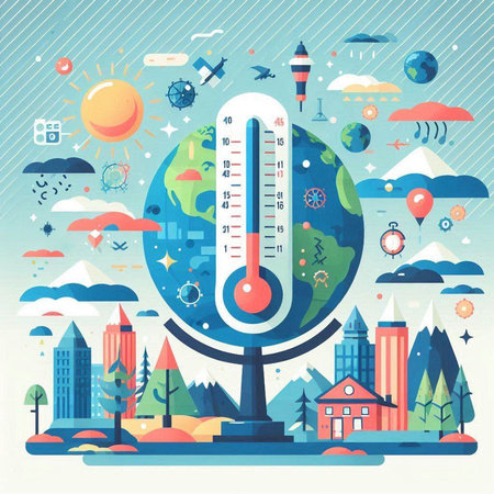 Vector illustration of global warming and climate change concept with thermometer and cityscapeのイラスト素材