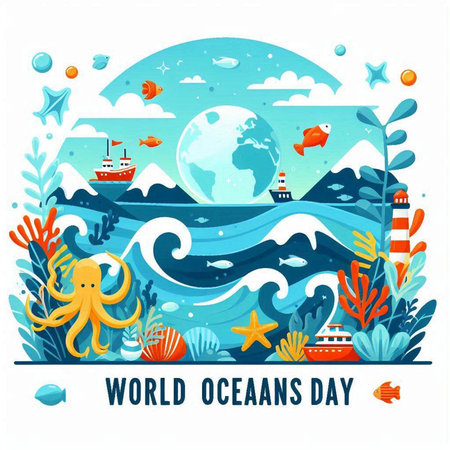 World Ocean Day. Vector illustration with cartoon sea and ocean animals.のイラスト素材