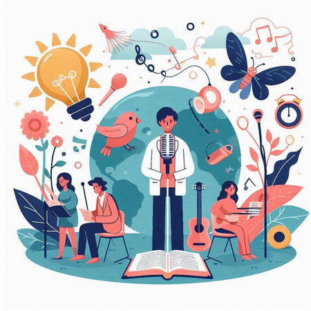 Vector illustration of education concept in flat style. Cartoon boy and girl reading books, singing, playing guitar, singing, singing.のイラスト素材