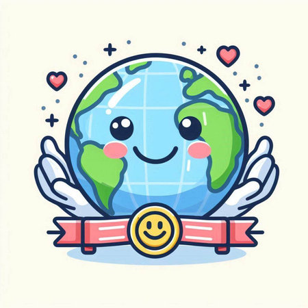 Cute cartoon earth globe with wings and ribbon. Vector illustration.のイラスト素材