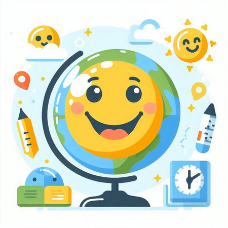 School globe with smiling face. Vector illustration in flat cartoon style.のイラスト素材